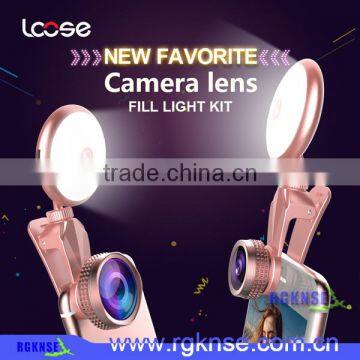 Hot Sale Creative Selfie Flash Light with 3 in 1 Phone Lens Kit Macro wide Angle Fisheye Lens Beauty Circle Selfie Ring Light