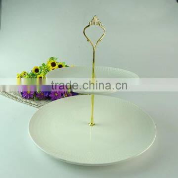 Wholesale stock porcelain cake stand with handle , two tiers porcelain cake stand for weeding/party/daily use