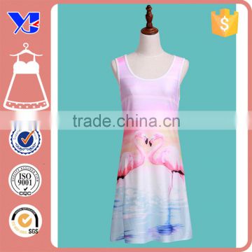 Red-crowned crane pattern cutout back waist loose sleeveless dress