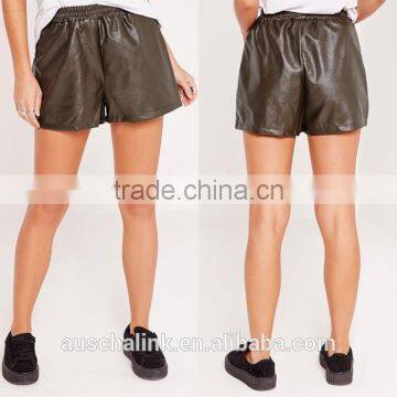 Custom Ladies Khaki Elasticated Waist Faux Leather Shorts photo-6