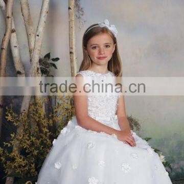 White Flowers High Neck Gown Kids Party Wear Dresses for Girls photo-3