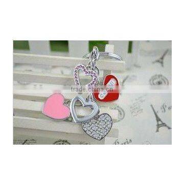 fashion enamel heart charms keyring, silver heart charms key chain jewelry, rhinestones heart charms jewelry