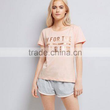 Wholesale Pink Nightwear Pyjamas Set Gold Foil Print 100% Cotton Sleepwear Set Shorts With Piping photo-2