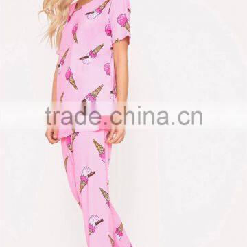 Custom Full Print Women Long PJ Set All Over Print Ladies Sleepwear Pink Ice-cream Print Pajamas Set photo-5