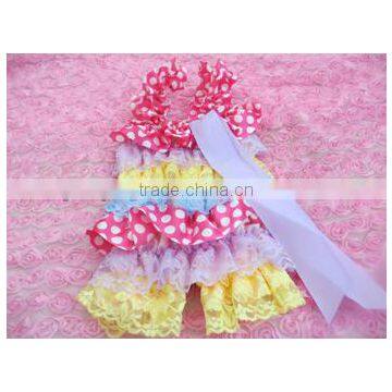 Wholesale Baby Wear Gorgeous Pink With Rompers Ruffles Straps and Satin Bow