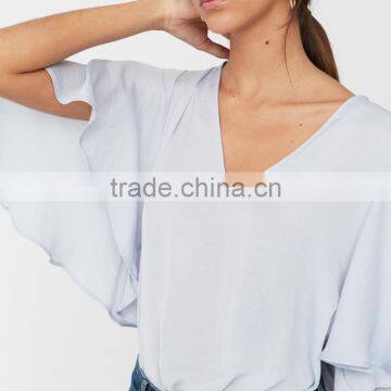 Batwing V Neck Bodysuit Women Casual Frill Sleeve Blouse Designs photo-3