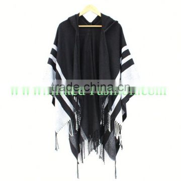 New Women Winter Scarf Cape Poncho Open Front Contrast Geometric Cardigan Vintage Long Shawl Pashmina