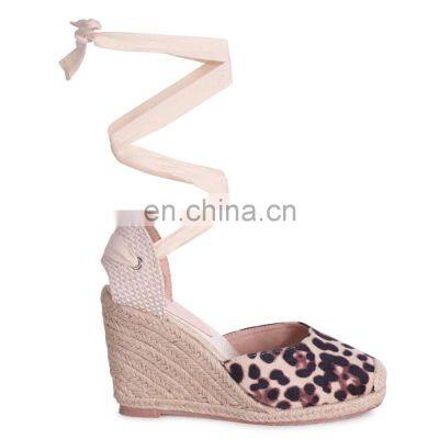 Women fancy leopard print design closed toe espadrille wedge heel with tie up strap sandals shoes other color are available