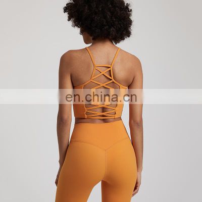 2023 Summer New High Neck Straps Hollow Out Sexy Sports Gym Yoga Bra Top Nude Soft Breathable Padded Fitness Wear For Women