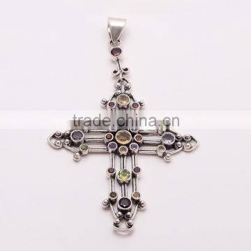 CROSS PENDANT MULTI STONES 925 Sterling Silver Pendant, Silver Jewelry Manufacturer, Fine Silver Jewelry