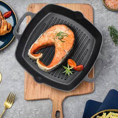 Griddle Pans Pre-Seasoned Cast Iron Square Grill Pan With Double Loop Handles for Grill Steak and Veggies Black 10 Inches photo-3