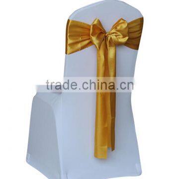 white spandex chair cover with gold self-tie satin sash