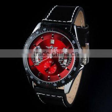 New Mens Red Dial Leather Strap Classic Design Self-Wind Up Mechanical Automatic Watch