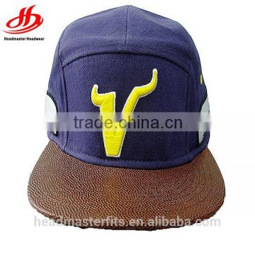 Custom 3d embroidery logo flat leather brim strapback hats