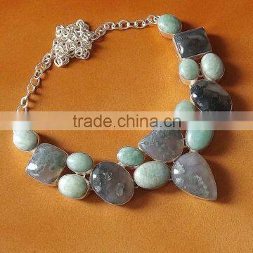 Moss Agate, Amazonite Necklace plated 925 Sterling Silver 89 Gms 18-20 Inches