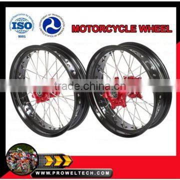 Motorcycle wheels: CRF Supermoto wheelsets: Red hubs with black rims 3.50-17" and 5.00-17"