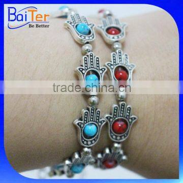 Wholesale Cheap Alloy Red & Blue Turquoise Bead Adjustable Evil Eye Bracelet Fitima Hand Bracelet Hand of Fatima Hand Bracelet