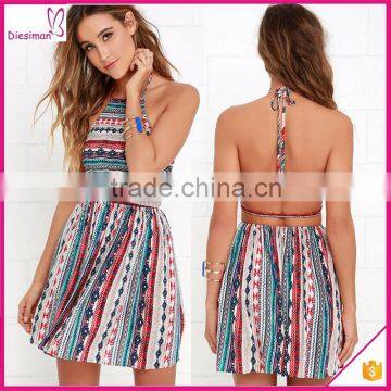 New Design Beige Tribal Southwest Print Short Open Back Smoking Halter Dress