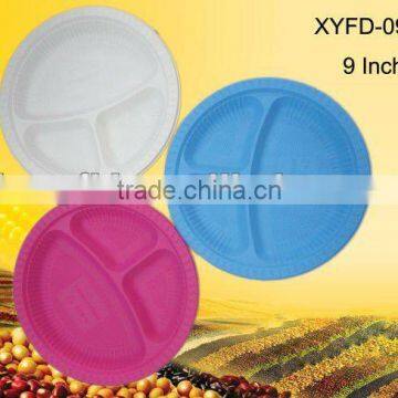 biodegradable disposable 9 inch colored plastic plate with three compartment