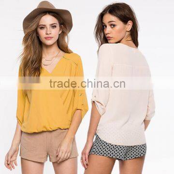 Womens Long Sleeve V Neck Zipper Sexy Chiffon Pullover Shirt Blouse OEM ODM Type Clothing Factory Manufacturer From Guangzhou