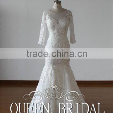 Real Sample Appliqued Lace 3/4 Long Sleeve Fish Style Wedding Dress Price