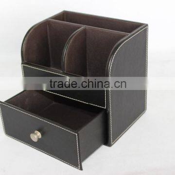 Desktop Faux Leather Pen Holder With Drawer/Multifunctional MDF Pen Box photo-6