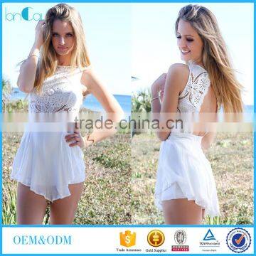 Alibaba new model girl lace beach style sexy backless white playsuit