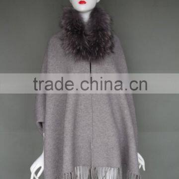 Female fashion double side Knitted Cashmere shawl with raccoon fur collar