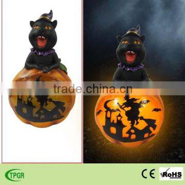 halloween decoration polyresin black cat with led solar light