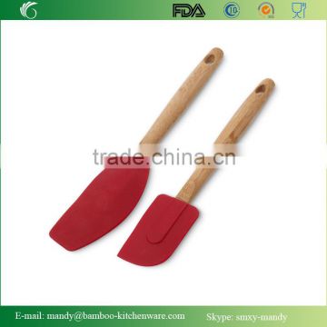 2-Piece Bamboo Spatula Set (Red), Bamboo Handled Kitchen Tools with Silicone Head