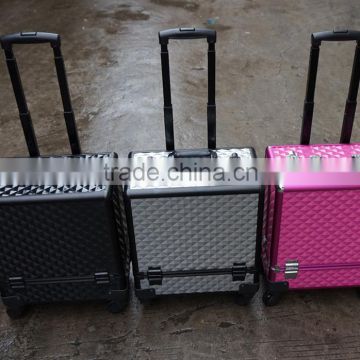 Professional Rolling Cosmetic Case w/ 8 Trays Black/Silver/Pink Diamond Aluminum(XY-877)