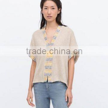 Custom Fashion Knit Casual Women Tshirt With Trimming Fabric Pathwork