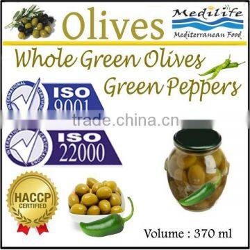 Green Olives with Green Peppers, High Quality 100% Tunisian Table Olives,Table Olives with Green Peppers, 370 ml Glass