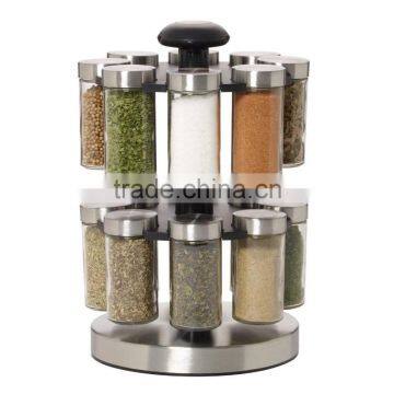 16 Jar Filled Spice Rack Glass Silver Display Revolving Jars Bottles Organizer