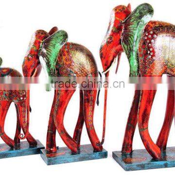 WOODEN PAINTED ELEPHANT SET OF 3 RED