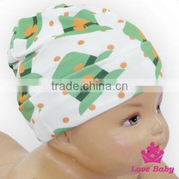 Wholesale Lovely St. Patrick's Item Green Cap Pattern Printed Organic Cotton Baby Beanie Hat