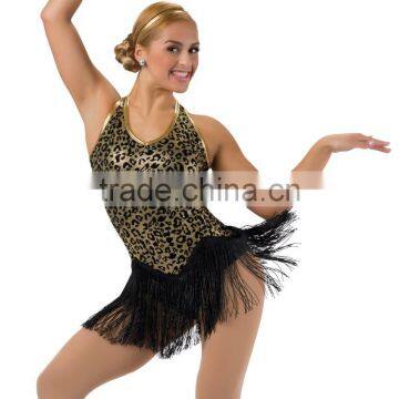 2016 New !!- lion print pattern leotard jazz latin with black tassels adult latin dress