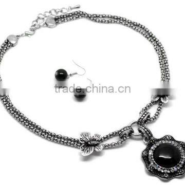 Mysterious Fashion Black Cabochon Stone Necklace Earrings Jewelry Set photo-3