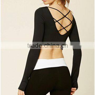 Women Solid Strap T-shirt Long Sleeve Exercise Fitness Sportswear Yoga Crop Top