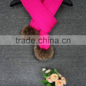 Simple design striped pattern genuine raccoon fur balls decoration knitted scarf for adults