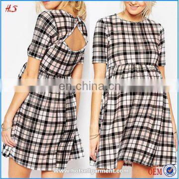 Hot Sale Newest Design Maternity Beauty Skater Dresses Print Plaid Check Mini Dress with Cut Out Back