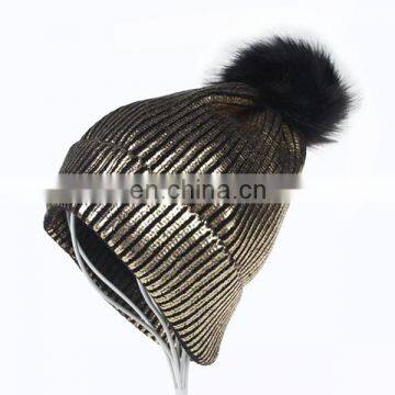 Adult hair ball pure color bronzing fine striped knit autumn and winter warm fashion cap