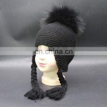 2016 Fashion Crochet Kids Hat Winter With Raccoon Fur Pom