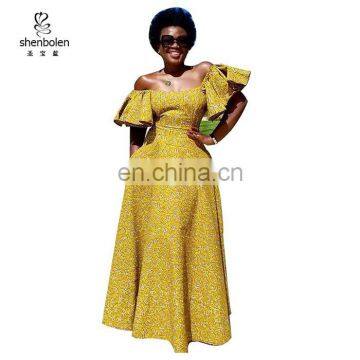 sexy fashion african wax print off sholder flare sleeve african women maxi dress