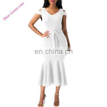 White Cold Off-Shoulder Bow Detail Mermaid Dress Midi Dress