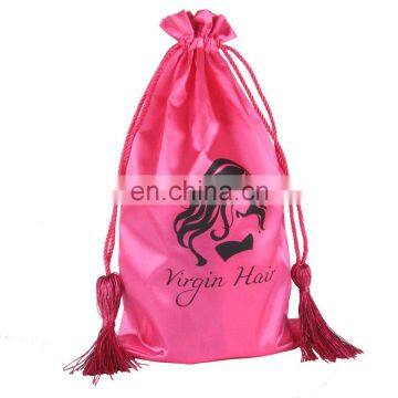 Custom pink satin hair weave extension bags for packing with drawstring and tassel