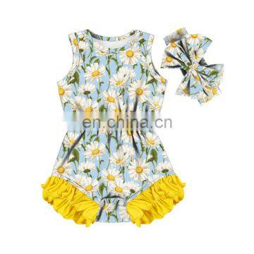 daisy pattern printing ruffle Toddlers jumpsuit Soft Newborn Bodysuit wholesale Girls Romper matching headband