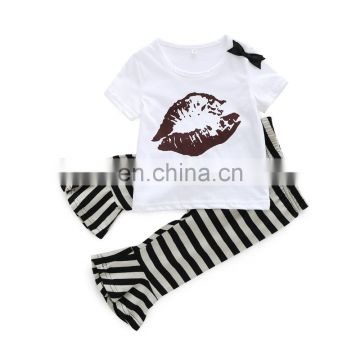 Kids Girl Clothing Set Cotton Lip White Top And Stripe Ruffle Pants Baby  Boutique Outfit