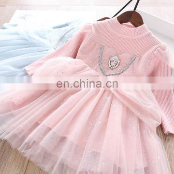 2020 New autumn girls children's solid pink blue princess dress