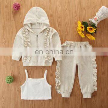 2020 Girls Korean Suit Sports Hooded Three-piece Autumn Wooden Ear Zipper Shirt + Sling + Trousers